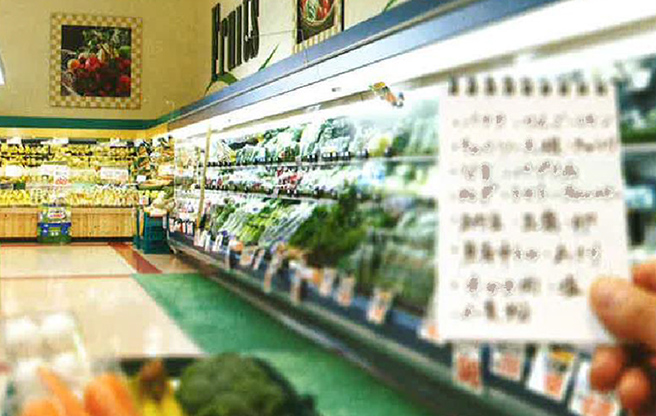 イメージ：【単焦点】遠くの棚にある商品は見えますが、目の前にある買い物リストは読めません。